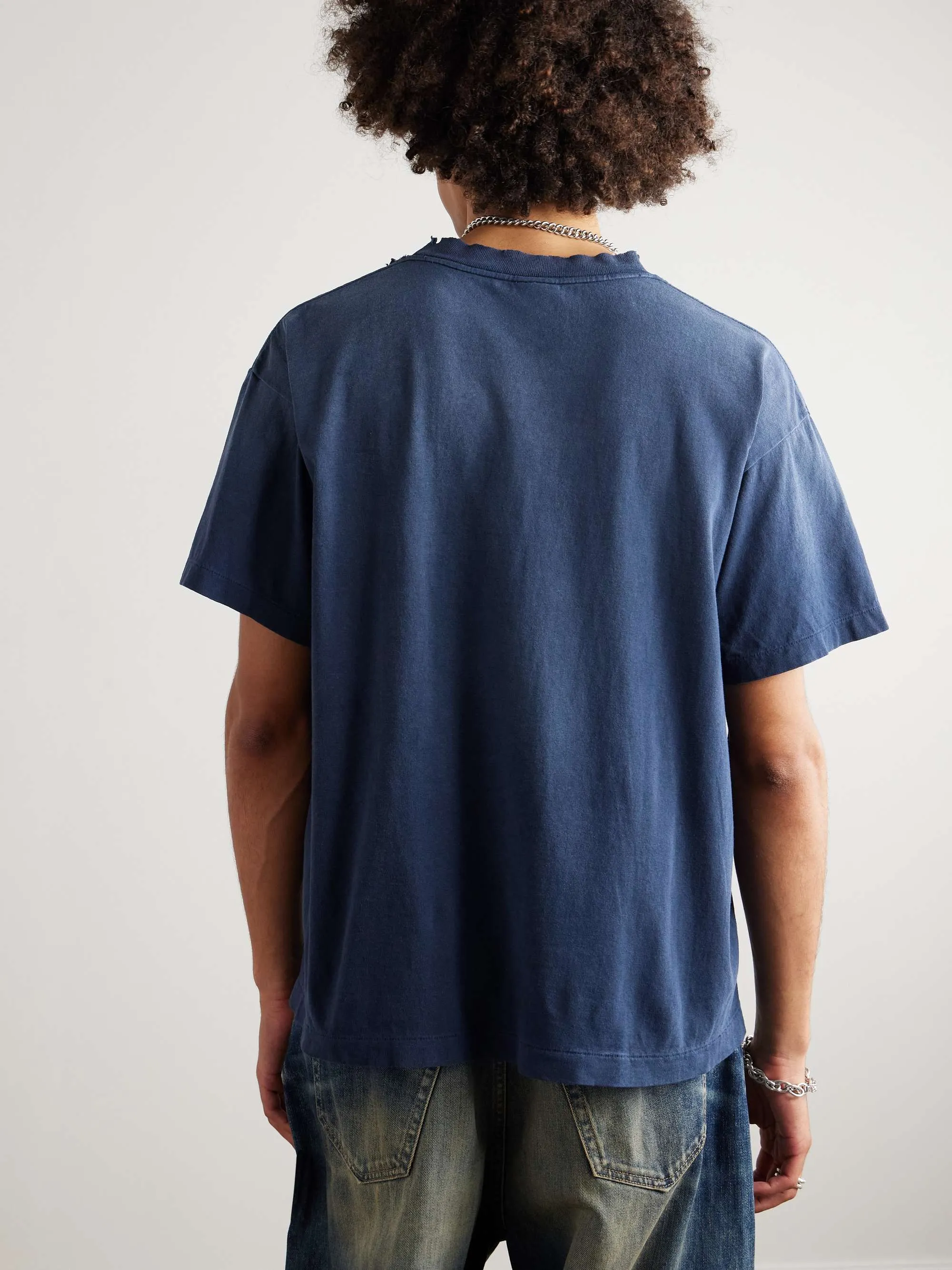 SAINT Mxxxxxx × NEIGHBORHOOD STHD . SS TEE SAINT NBHD/NVY NBHD Takizawa Shinsuke SAINT HOOD joint project Skeleton lightning destruction TEE Washed blue S-XL OE yarn tube weaving without side seam fabric Re-washed to make it distressed Cut and damaged treatment Ma Liu fading process Printing simulates natural distressed effect Correct version Customized joint main mark/wash mark/angel mark